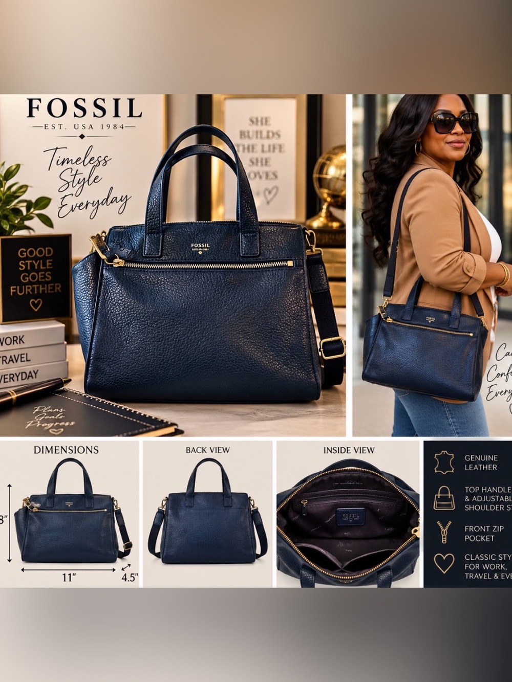 Fossil Black Leather Satchel with Gold Hardware